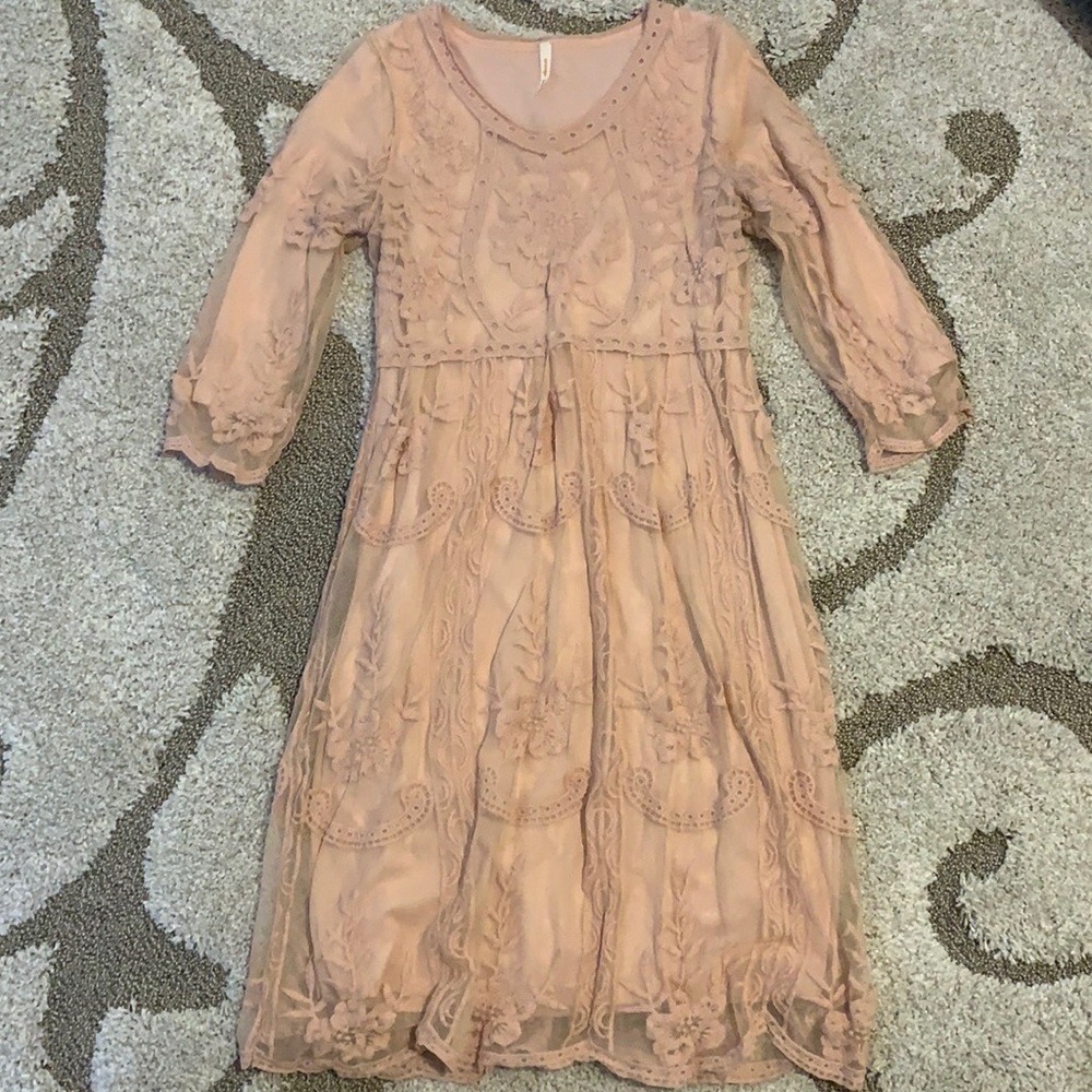 Orange Creek Lace Midi Dress in Blush